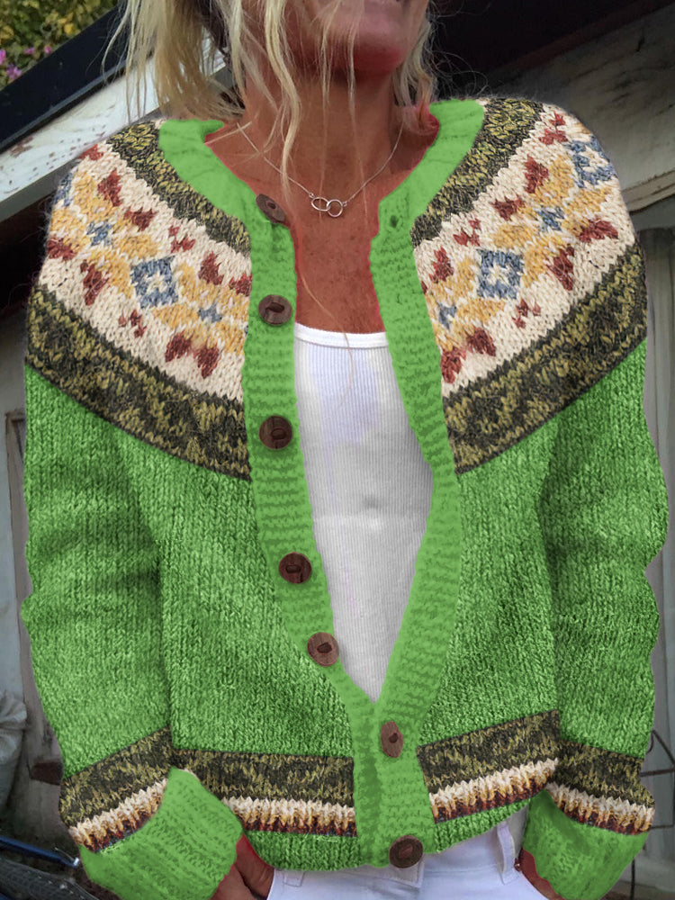 Vintage Icelandic Pattern Art Print Cozy Button Sweater elevenforest