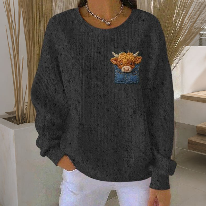 Women's Highland Cow Print Crew Neck Casual Sweatshirt artswardrobe