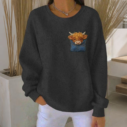 Women's Highland Cow Print Crew Neck Casual Sweatshirt artswardrobe