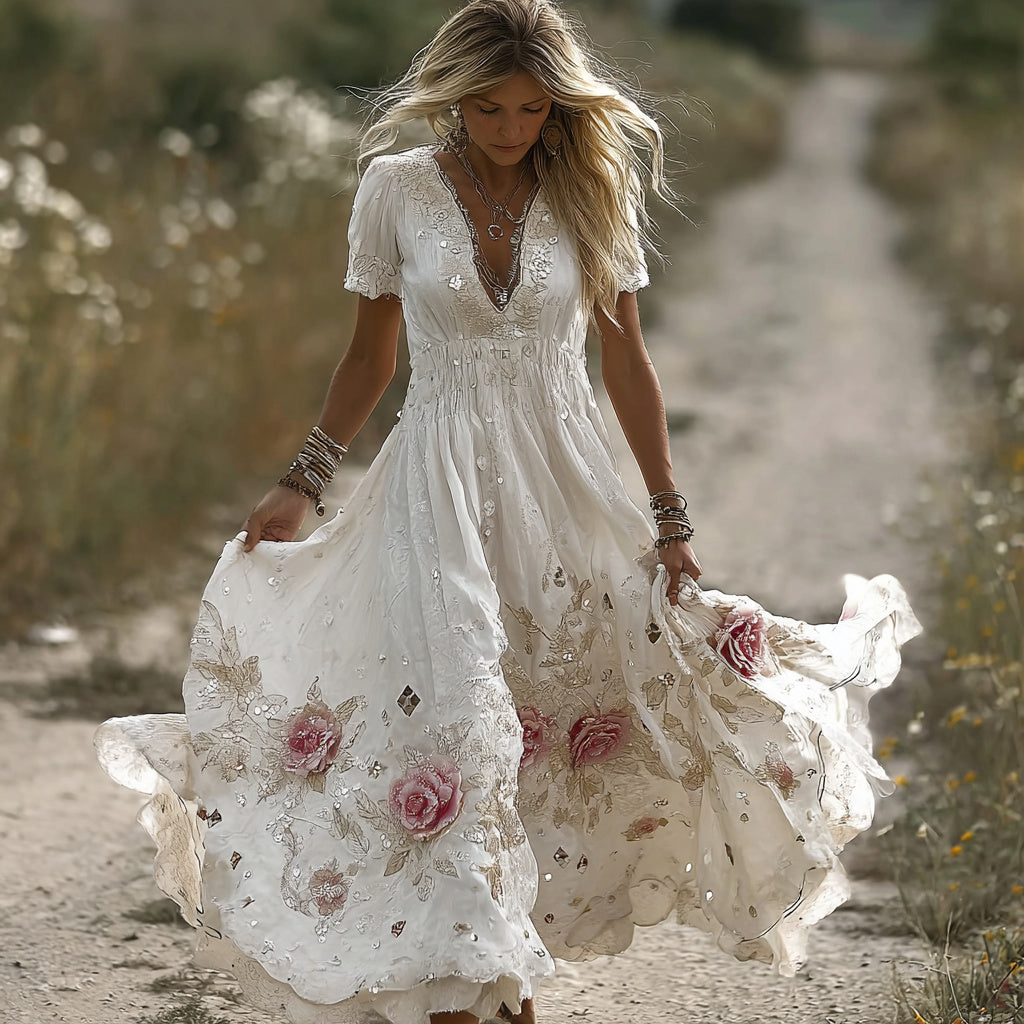 Vintage Floral Embroidery Art Women's Comfy Linen Maxi Dress artswardrobe