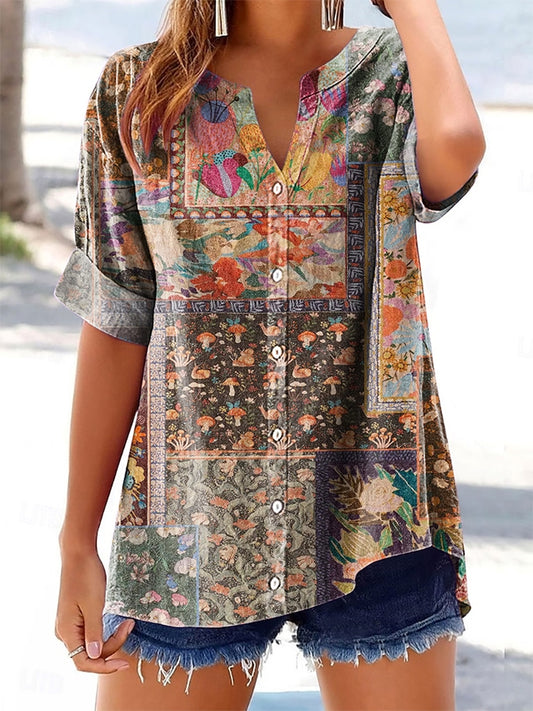 Women's Floral Pattern Art Print Cotton Linen Casual Shirt