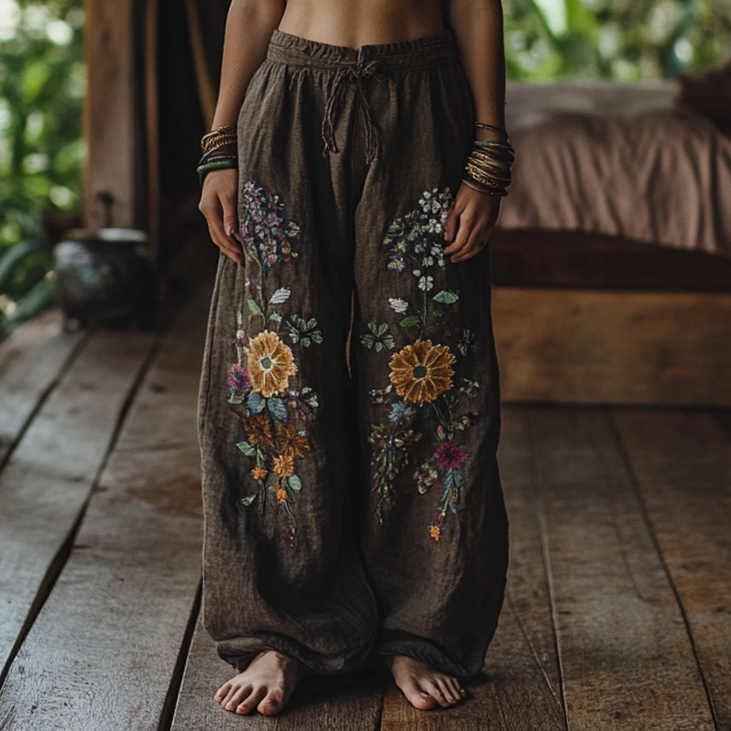 Vintage Bohemian Resort Forest Floral Art Printed Cotton Linen Wide Leg Pants artswardrobe