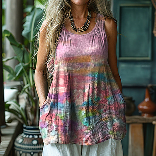 Women's Retro Cancer Awareness Ribbon Gradient Art Linen Sleeveless Tank Top artswardrobe