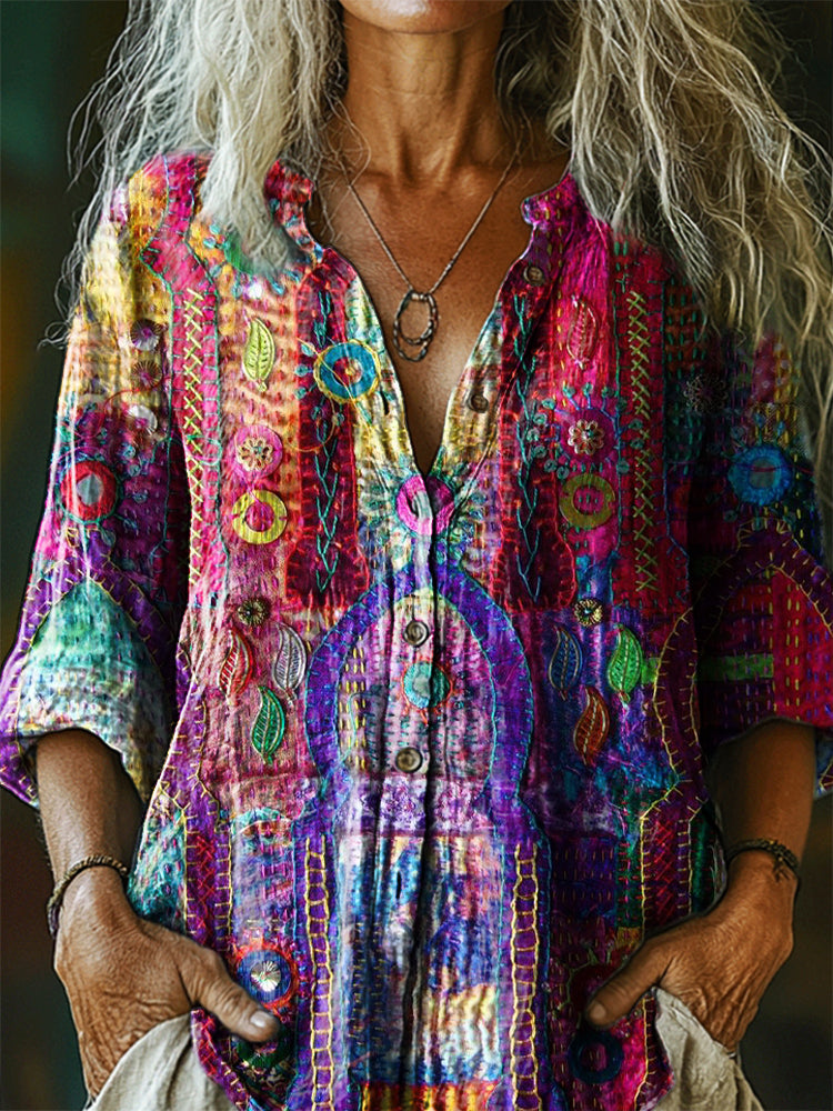 Women's Vintage Bohemian Floral Art Print Casual Cotton Linen Shirt