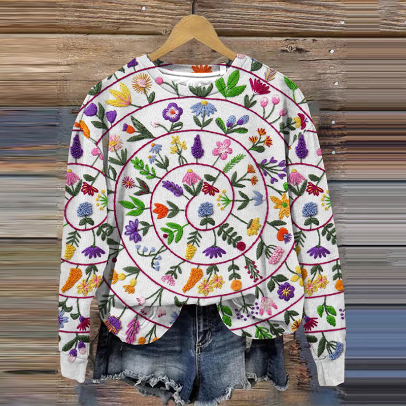 Comstylish Embroidered Flower Art Print Crew Neck Sweatshirt