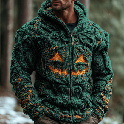 Halloween Pumpkin Emoji Men's Chunky Knit Full Zip Hooded Sweater artswardrobe