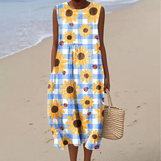 Women's Vintage Sunflower Art Print Sleeveless Casual Dress artswardrobe