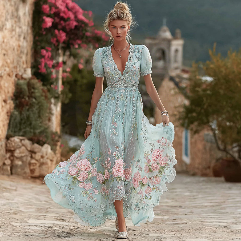 Comstylish Women's Vintage Bohemian Floral Embroidery Casual Short Sleeve Dress