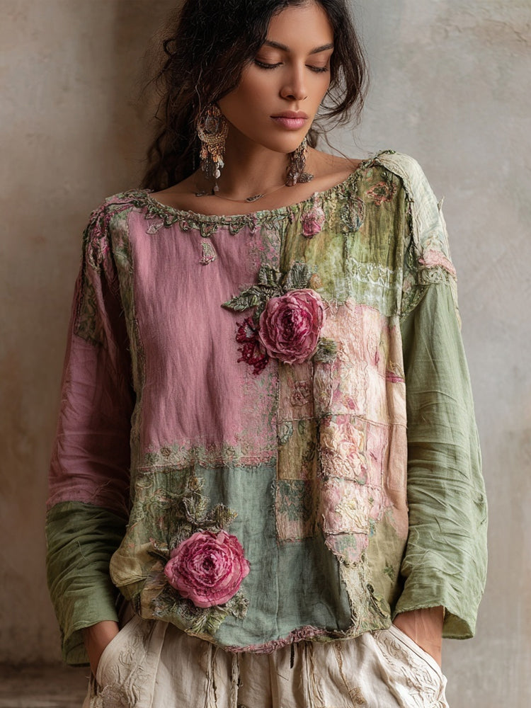 Vintage Pink Roses Embroidered Patchwork Linen Shirt artswardrobe