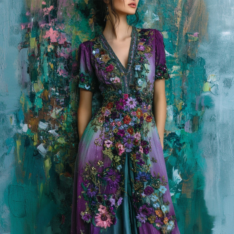 Vintage Floral Embroidered Gradient Linen Maxi Dress artswardrobe