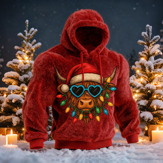 Comstylish Men's Highland Cow Christmas Tree Comfort Plush Hoodie