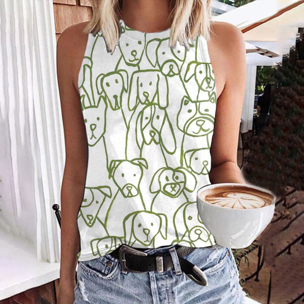 Comstylish Women's Dogs Printed Round Neck Tank Top