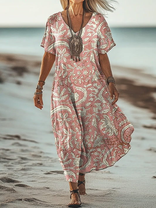 Women's Art Floral Hippie Vintage Print V Neck Dress