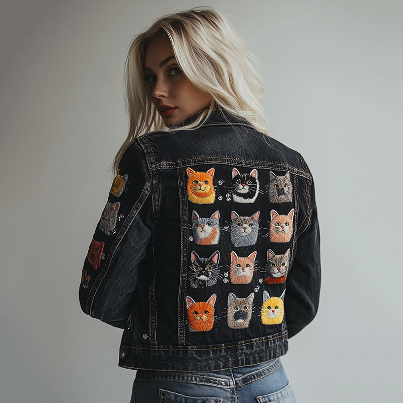 Women's Pop Art Cat Expression Splicing Design Denim Jacket elevenforest