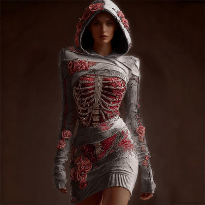 Comstylish Classy Skeleton Anatomy Bloody Roses Bandages Hooded Sweater Dress