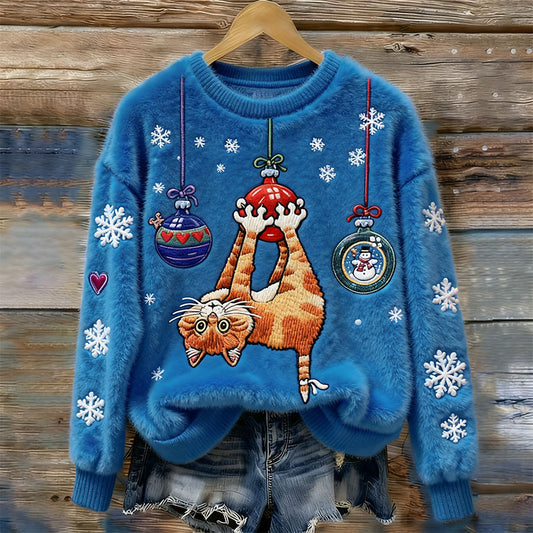 Women's Christmas Cat Embroidery Art Round Neck Comfort Plush Sweatshirt