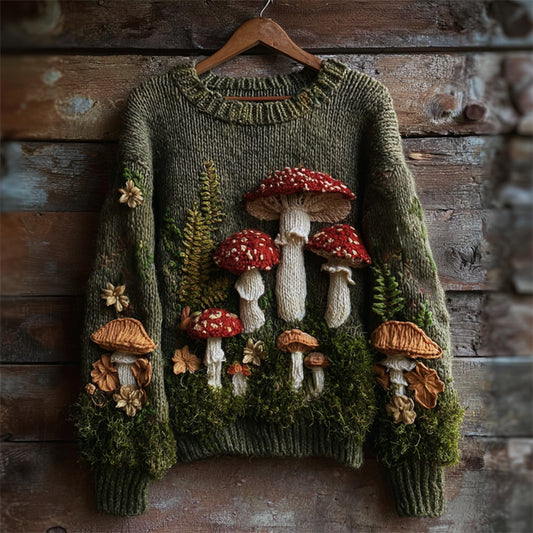 Comstylish Vintage Forest Mushroom Fern Embroidered Cozy Knit Sweater