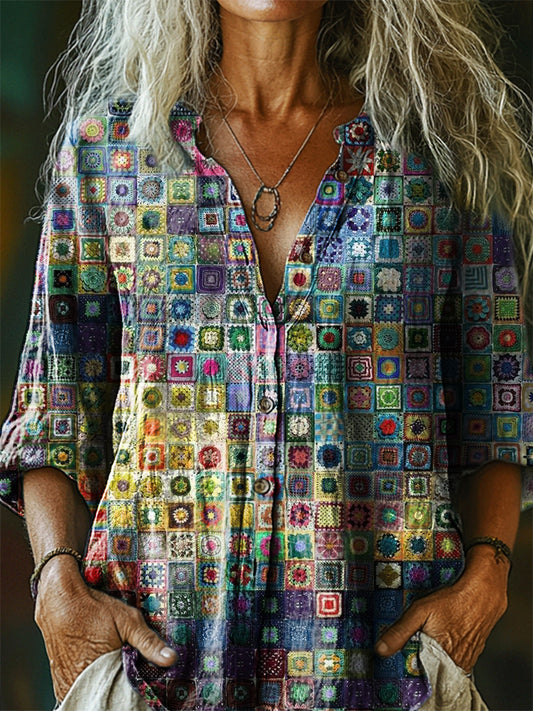 Women's Bohemian Patterns Art Print Casual Cotton Linen Shirt