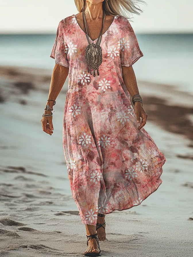 Women's Art Floral Hippie Vintage Print V Neck Dress