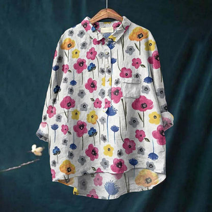 Comstylish Vintage Floral Art Print Casual Cotton Linen Shirt