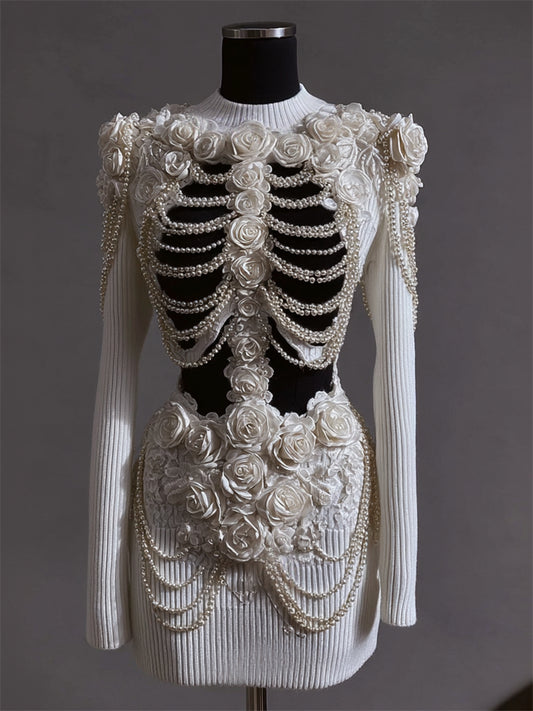 Comstylish Vintage Roses Skeleton Pearls Beaded Contrast Knit Sweater Dress