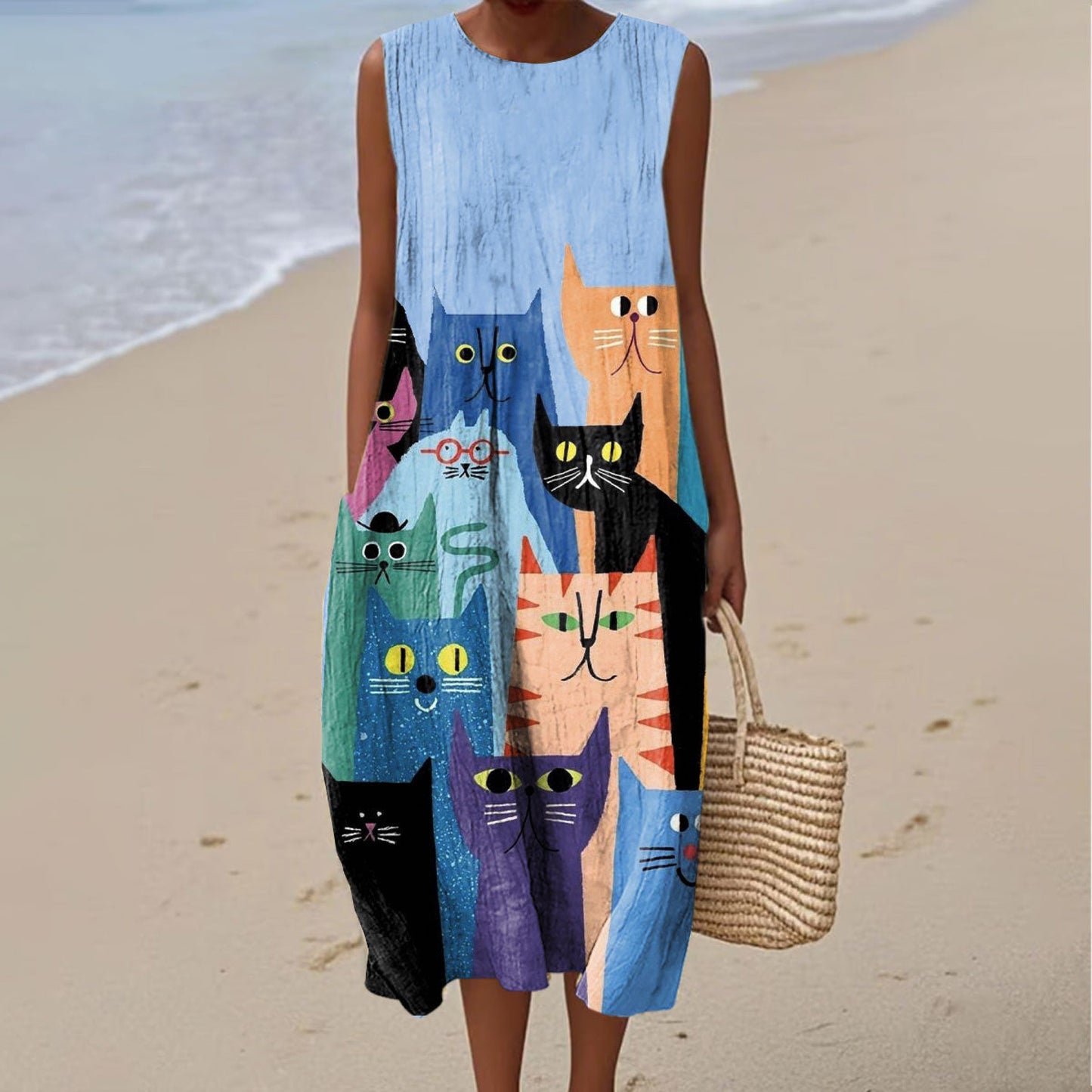 Women's Fashion Colorblock Cat Art Print Sleeveless Dress artswardrobe
