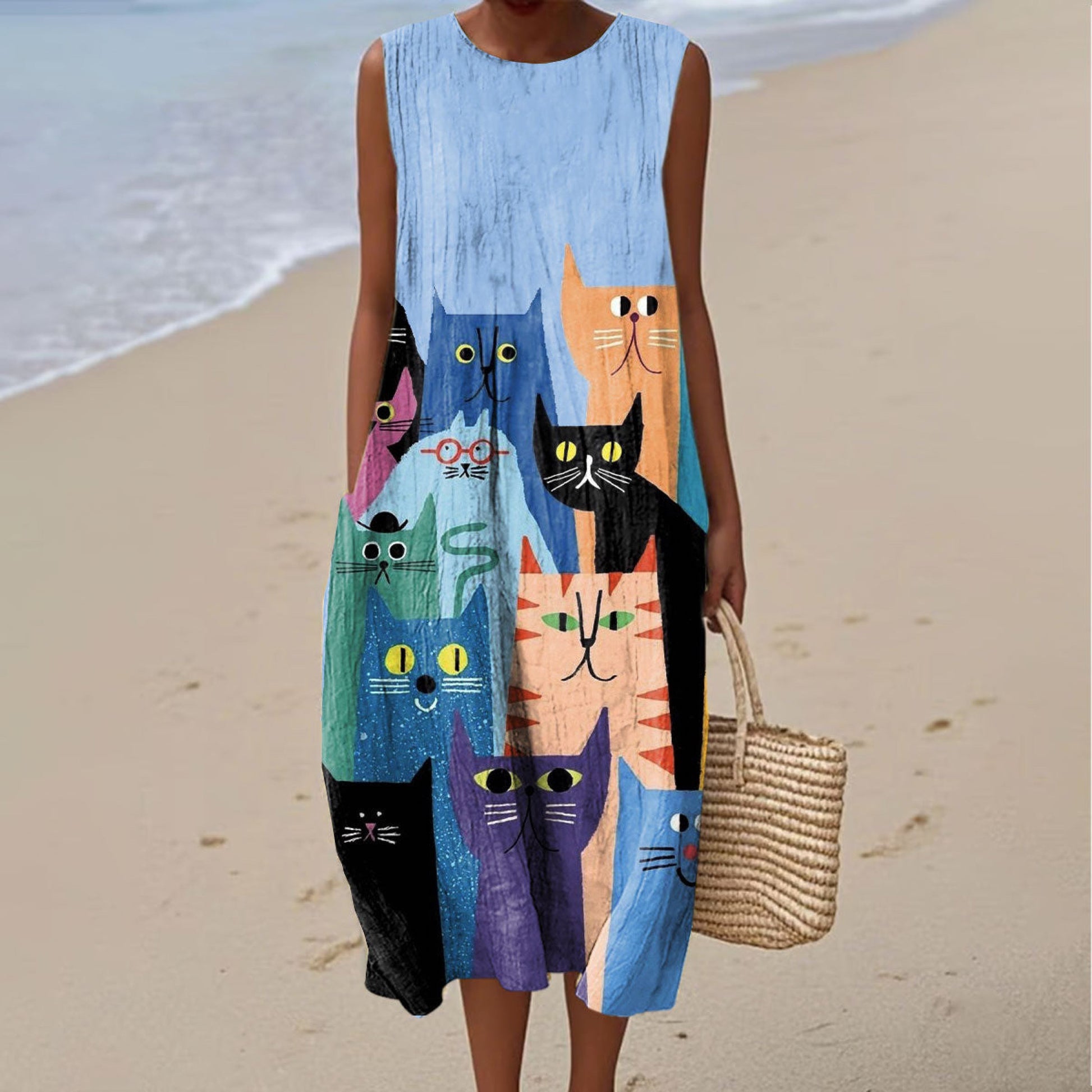 Women's Fashion Colorblock Cat Art Print Sleeveless Dress artswardrobe