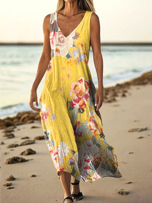 Women's Bohemian Floral Art Print V-neck Sleeveless Pocket Cotton Dres