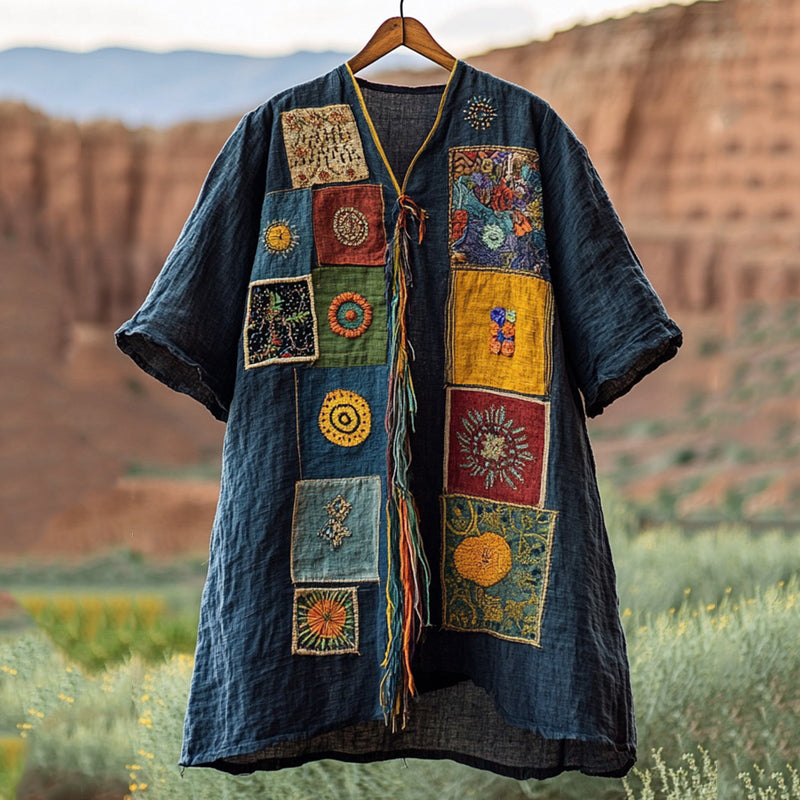 Men's Vintage Embroidered Patchwork Short Sleeve Linen T-shirt artswardrobe