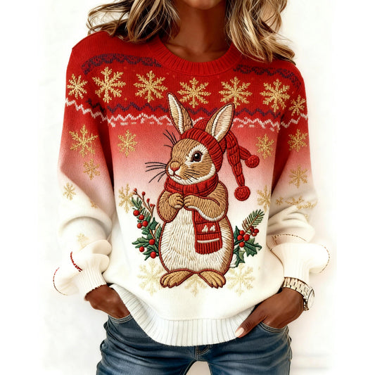 Comstylish Women's Christmas Bunny Holly Berry Embroidered Knit Sweatshirt