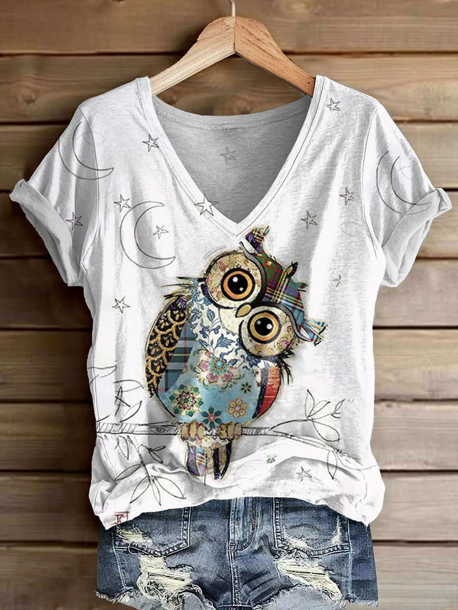 Women's Owl Art Print V-Neck Casual T-Shirt
