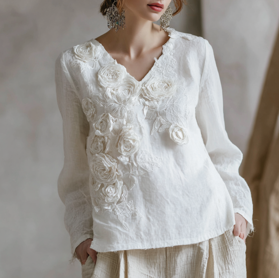 Comstylish Bohemian Style Woman's V-neck White Rose Top