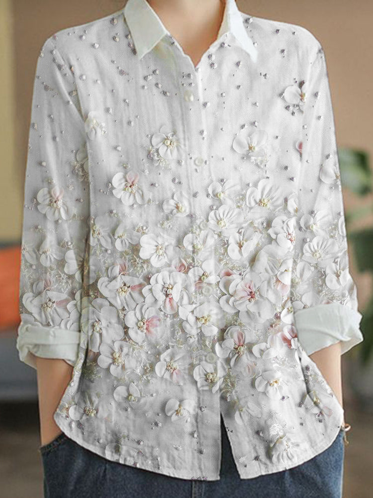 Comstylish Classic Floral Pearl Embroidery Women's Long Sleeve Shirt