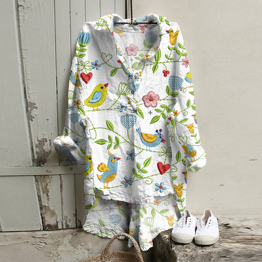 Casual Floral Spring Birds Embroidery Pattern Linen Short Front And Long Back Blouse artswardrobe