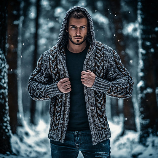 Men's Vintage Celtic Knot Jacquard Chunky Knit Cozy Zip Up Cardigan Sweater artswardrobe