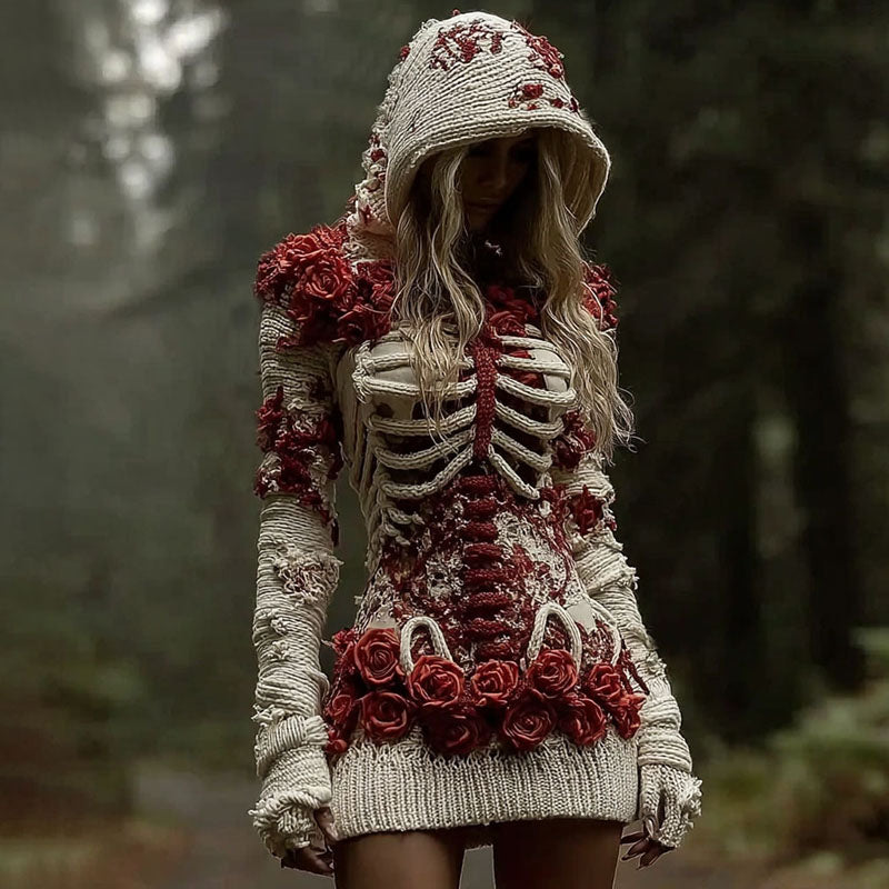 Women's Vintage Skeleton Red Rose Art Knit Mini Sweater Dress artswardrobe