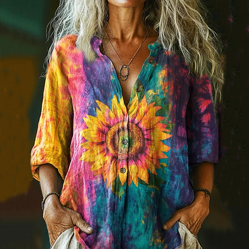Women's Colorful Tie-dye Sunflower Art Print Casual Linen Shirt artswardrobe