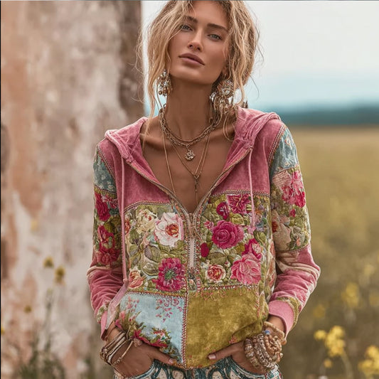 Comstylish Bohemian Style Vintage Flower Patchwork Hoodie