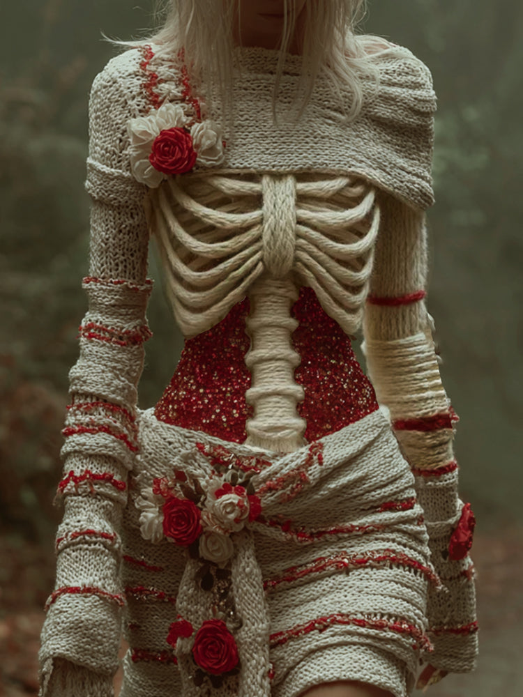 Women's Halloween Skeleton Rose Bandage Dress artswardrobe