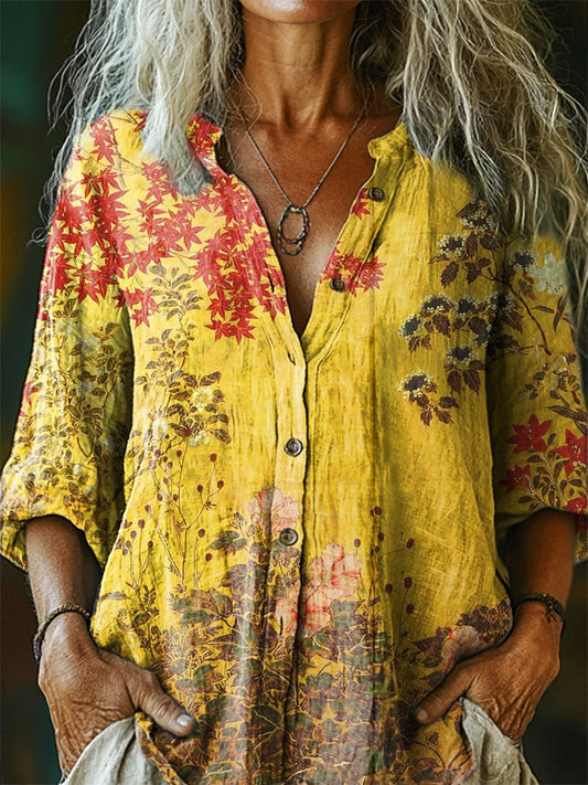 Women's Floral Pattern Art Print Casual Cotton Linen Shirt