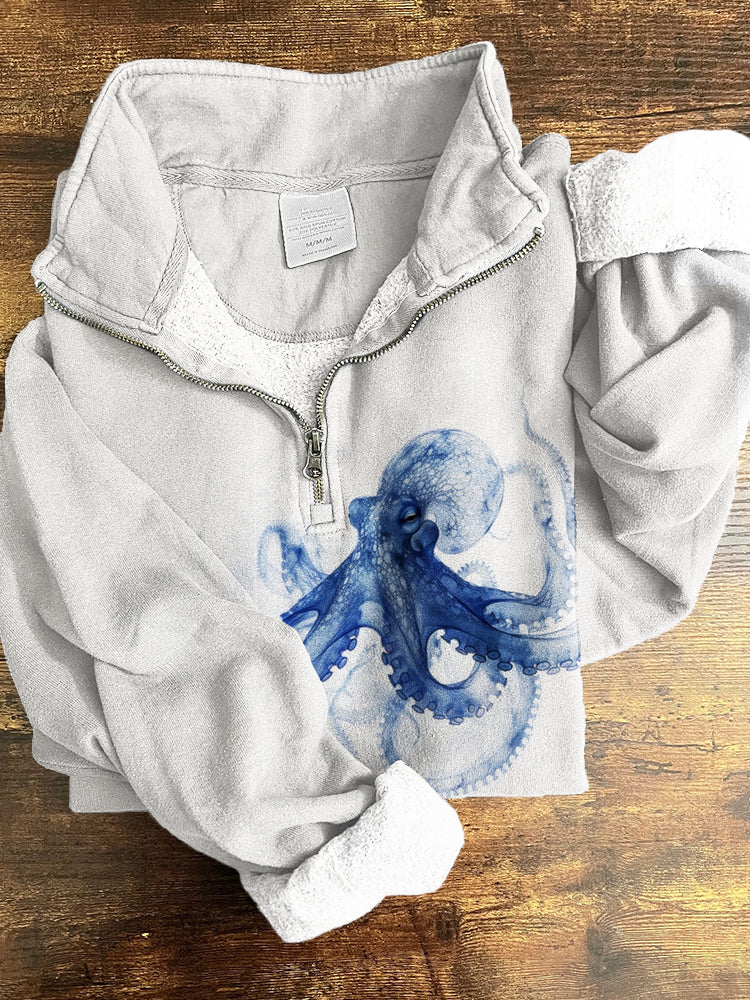 Comstylish Vintage Ethereal Octopus Art Pattern Zip Up Cozy Sweatshirt