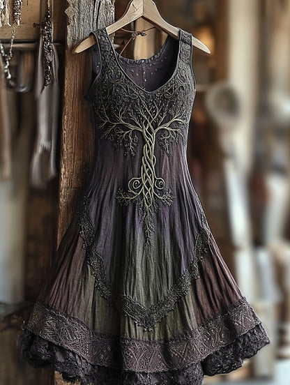 Women's Vintage  Viking Tree Of Life Gradient Linen Dress artswardrobe