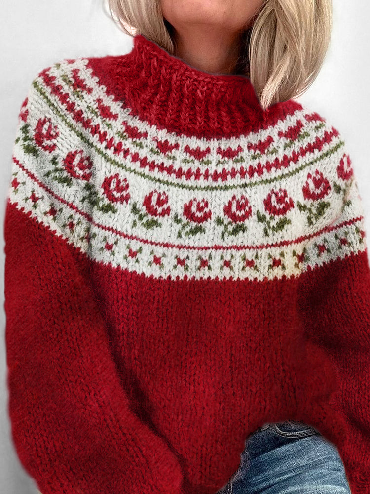 Valentine's Day Cottage Roses Yoke Turtleneck Isle Sweater artswardrobe