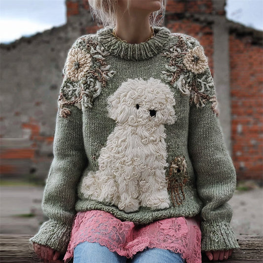 Vintage Lovely Fuzzy Dog Floral Beaded Cozy Knit Sweater artswardrobe