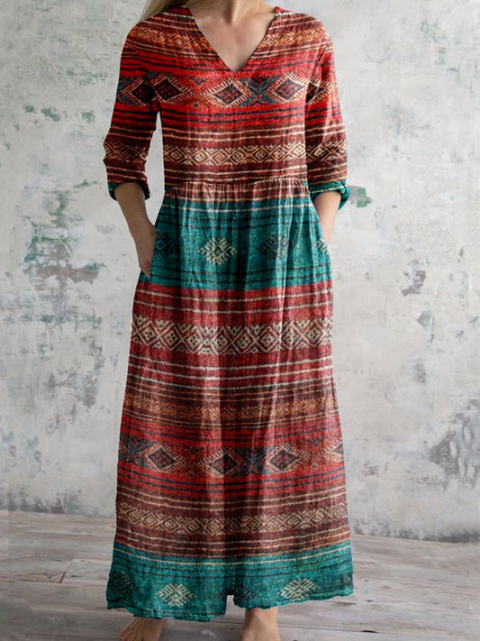 Women's Bohemian Floral V-Neck Cotton and Linen Dress with Pockets