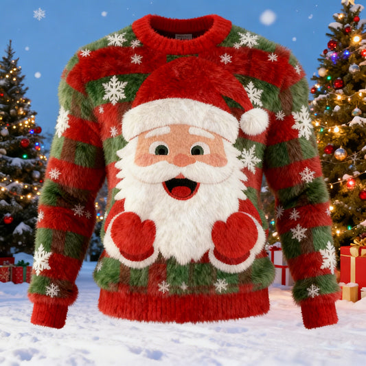 Comstylish Men's Ugly Christmas Santa Stripes Art Crew Neck Plush Sweatshirt