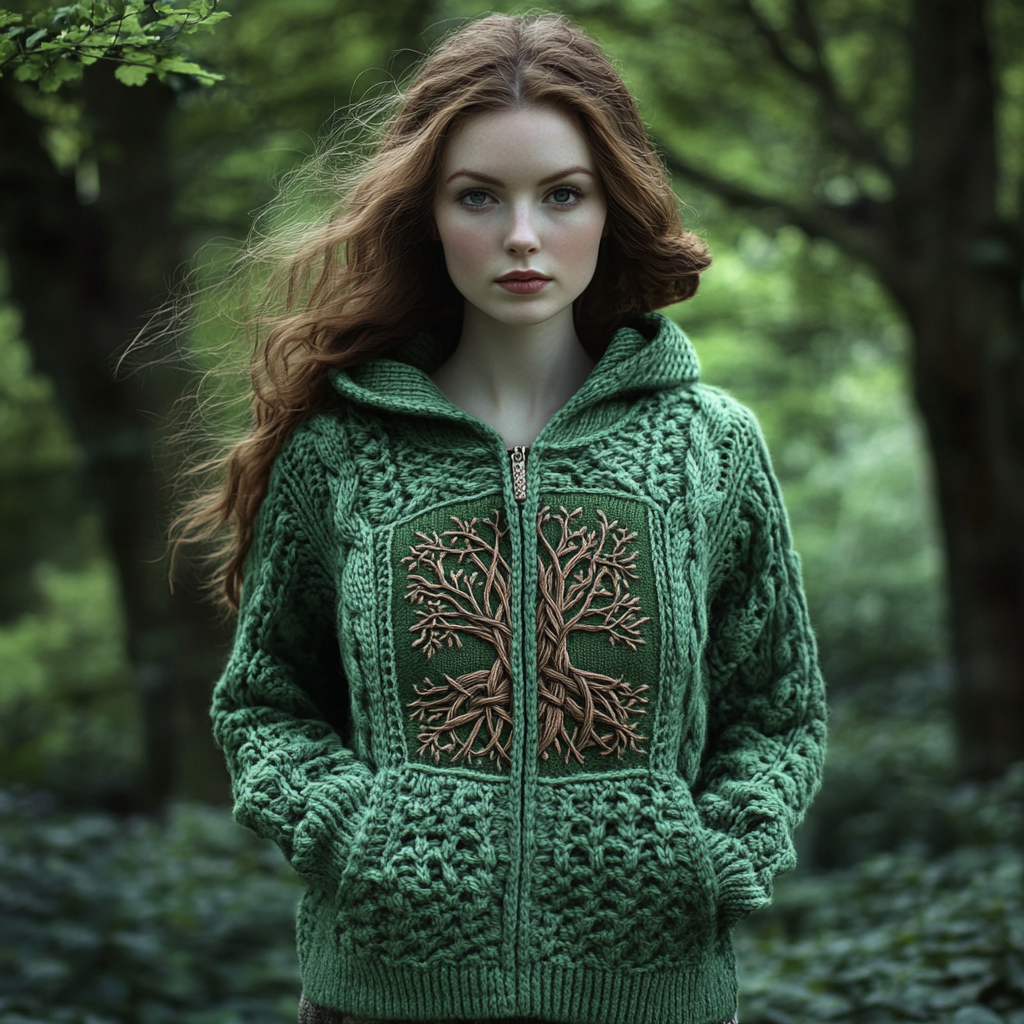 Women's Viking Tribal Tree Of Life Celtic Chunky Knit Hooded Sweater elevenforest