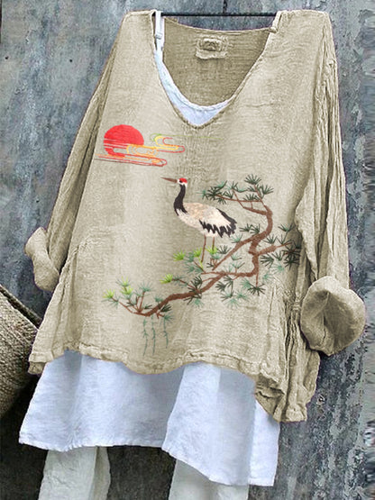 Comstylish Pine Trees Sunrise Landscape Embroidery Pattern Cozy Cotton Linen Shirt