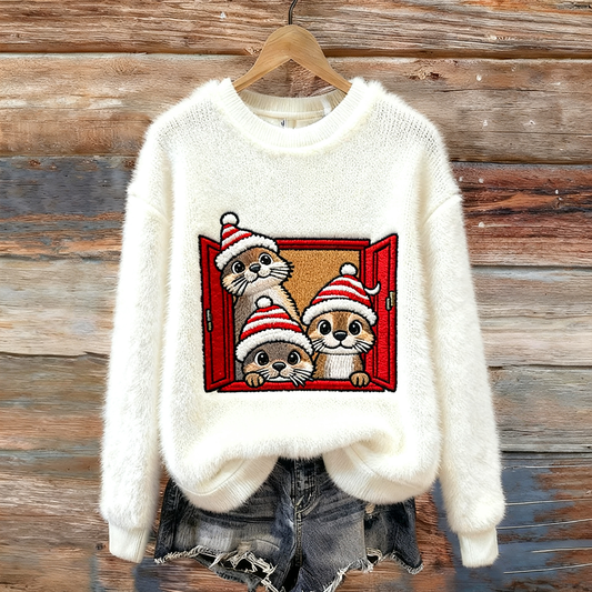Christmas Fun Animal Pattern Women's Round Neck Flannel Sweatshirt