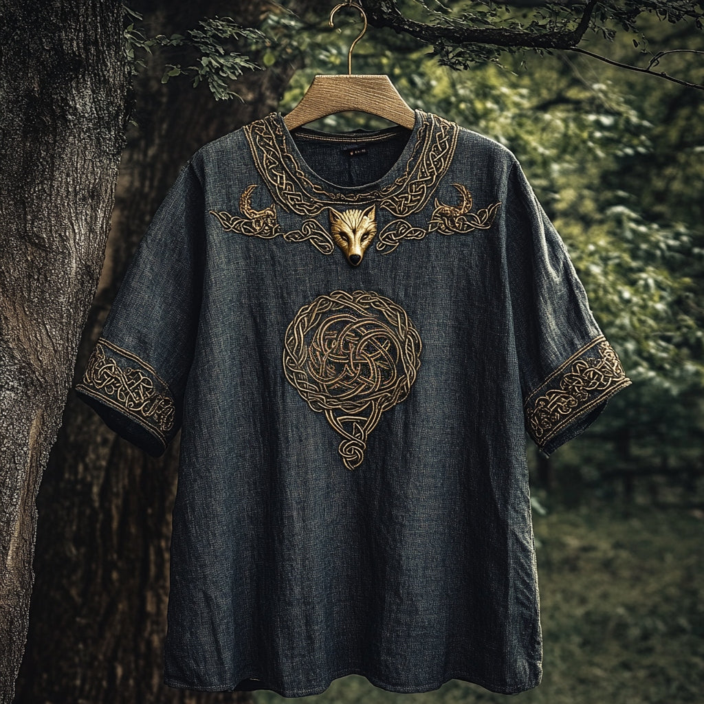 Men's Viking Celtic Knot Wolf Head Linen T-shirt artswardrobe